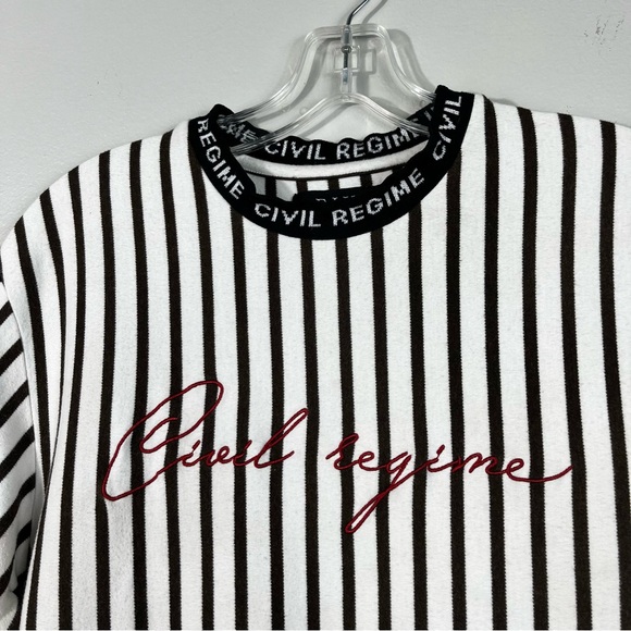 Civil Regime White Black Vertically Stripe Embroidered Script Logo T-Shirt Large - Picture 2 of 6